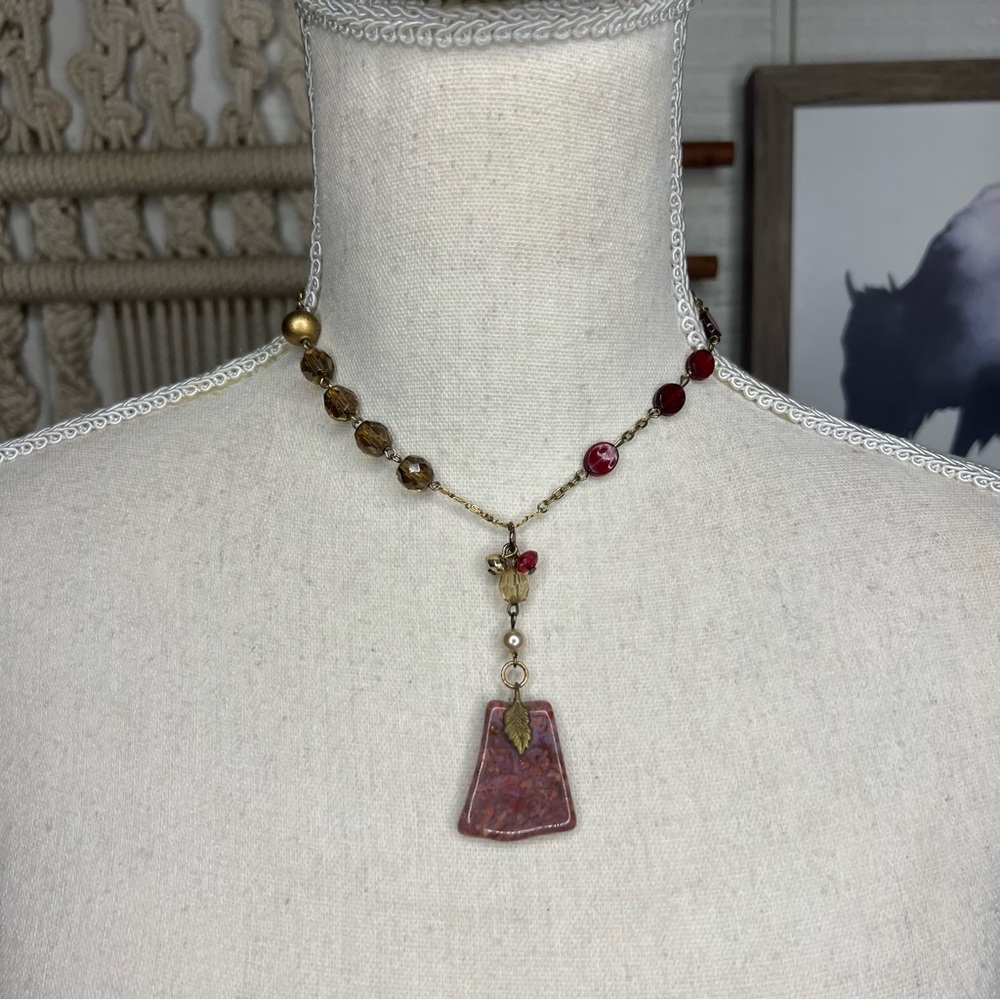 Handmade vintage and new pieces mixed up-cycled necklace with real stone pendant